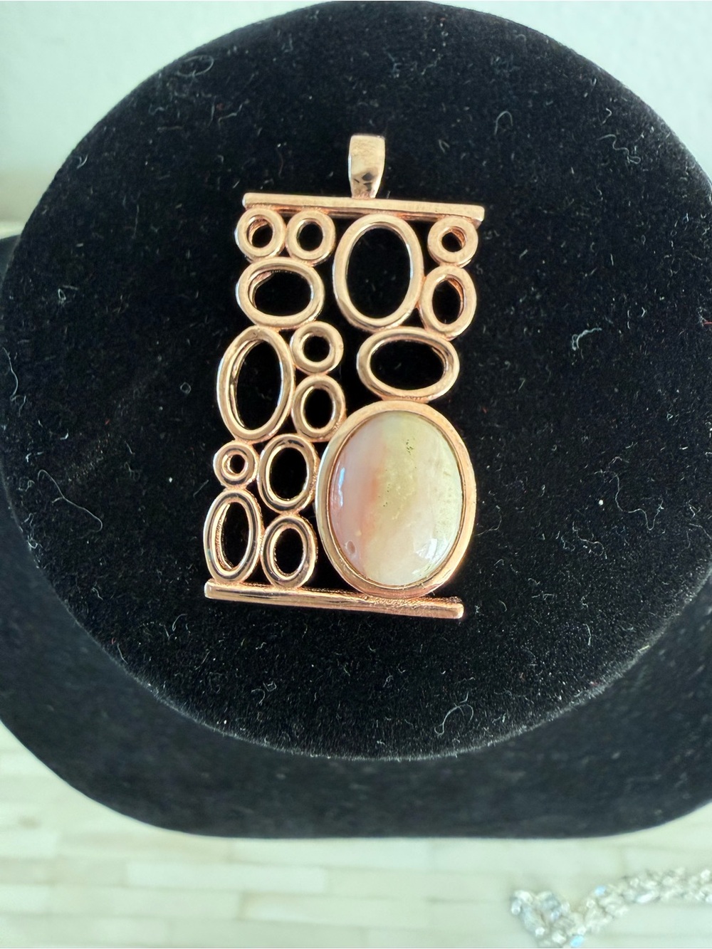 Gold-Tone Oval Bubble Pendant with Pink Opal Cabochon
